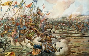 Bitva o vnuka mezi Burgundy a Švýcary u Grandsona ve Švýcarsku 2. března 1476. Ilustrace Jacques Marie Gaston Onfray de Breville dit JOB