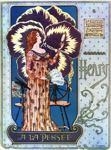 Art Nouveau: reklamní plakát pro obchod s kosmetikou „Henry a la Thought“ v Paříži. Mladá žena se obdivuje v zrcadle, za ní květ myšlenek. Ilustrace L. Trianona od pseudonym of Trinquier Louis Trinquier-Trianon