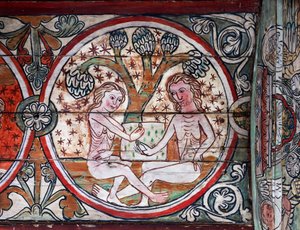Adam a Eva v zahradě Eden, dekorace z Al Stavkirke, Norsko (freska)