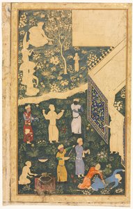 Levá strana dvoustránkového albového folia: Outside a Royal Encampment (recto) od style of Bihzad