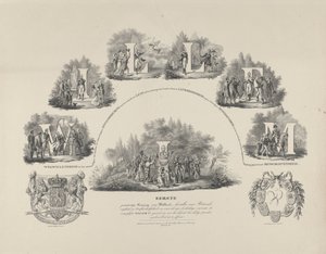 Alegorie o ctnostech krále Viléma I., 1831 William I. První konstituční král Holandska, Obnovitel naší národní svobody a nezávislosti (...) (titul na předmětu) od van der Meulen