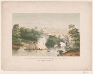 Z.M. Parník Celebes v bitvě s kotta-marou. Poeloe Kanamit, 6. srpna 1859 (název na objektu) od weduwe Elias Spanier and Zn