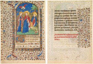 List z knihy hodin: sv. Geneviève, Kateřina Alexandrijská a Margaret (recto) a Text (verso)