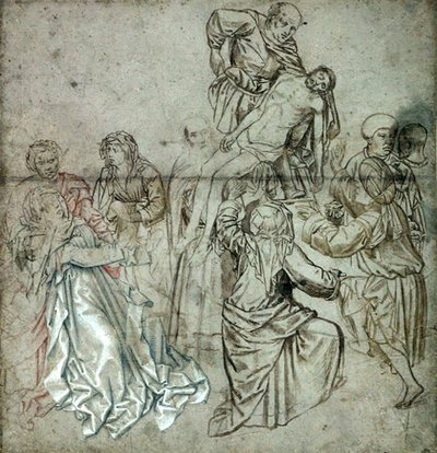 Středový panel ztraceného triptychu od Campina, možná nakreslený Vranckem van der Stockem (1424-95) (pero a křída na papíře) od Master of Flémalle