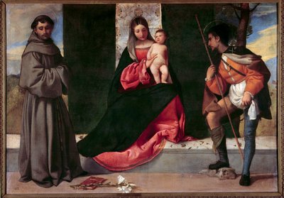 Obraz Panny Marie s dítětem mezi svatým Antonínem Paduánským a svatým Rochem od Giorgia Barbarelliho da Castelfranco dit Giorgione (1477-1510). Slunce 16. století. 0,92x1,33 m Madrid, muzeum Prado od Giorgione