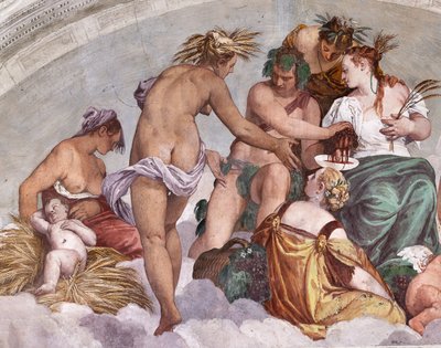 Alegorie léta a podzimu (Bacchus a Ceres), Severní zeď, luneta nad bránou do zahrady, síň Olympu od Veronese