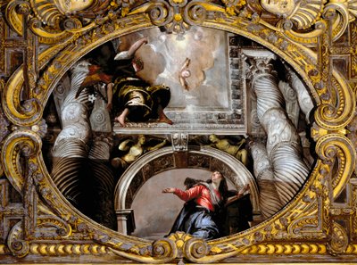 Zvěstování. Obraz Paola Caliariho Paolo Veronese (1528-1588), po roce 1568. Olej na plátně. Rozměr: 340 x 455 cm. Benátky, bazilika sv. Giovanni e Paolo (San Zanipolo), kaple růžence. Benátky (Bazilika svatých Giovanni a Paolo (San Zanipo od Veronese