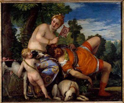 Afrodita a Adonis. Adonis, postava řecké mytologie, miluje Afroditu. Obraz od Paola Veronese (1528-1588) od Veronese