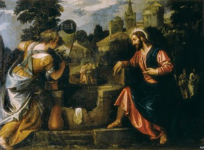 Kristus a Samaritánka u studny. Obraz od Paola Caliariho řekl Paolo Veronese (1528-1588) ,1580. Skutečný Monasterio de San Lorenzo de El Escorial. od Veronese