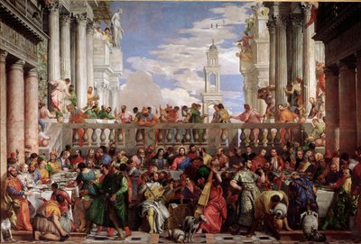 Zázrak přeměny vody ve víno. Detail Marriage of Cana (olej na plátně od Veronese