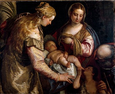 Svatá rodina se svatým Barbe a svatým Janem Křtitelem. Obraz Paola Caliariho Paolo Veronese (1528-1588), kolem roku 1562. Olej na plátně. Rozměr: 86 x 122 cm. Firenze, Galleria degli Uffizi (Florencie, Uffizi Museum) od Veronese