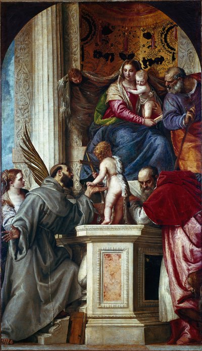 Svatá rodina se svatými (Posvátný rozhovor známý jako Pala di San Zaccaria nebo Oltářní obraz sv. Zachariáše). Obraz Paolo Caliari Paolo Veronese (1528-1588) od Veronese