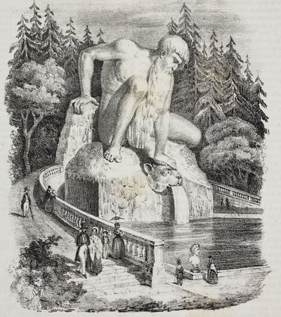 Kolos z Apenin (od Giambologna) v parku Villa Demidoff (Villa Medicea of ​​​​Pratolino), Vaglia, Toskánsko, Itálie, litografie Giovanni Mariani z Poliorama Pittoresco, n 10, 15. října od Giambologna