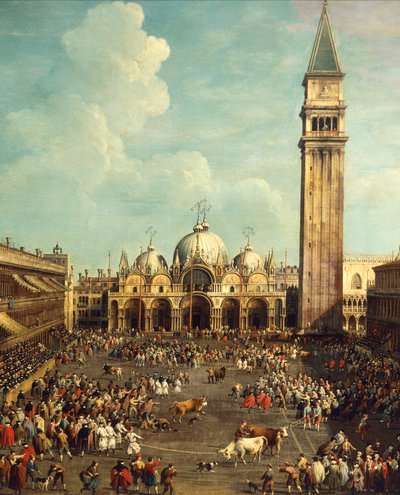 Býčí zápasy nebo lov býků na Piazza San Marco, od Giovanniho Antonia Canal, známého jako Canaletto (1697-1768) a od Giovanniho Battisty Cimaroliho (1687-po 1753), olej na plátně, 99x145 cm od Canaletto