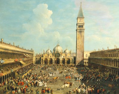 Býčí zápasy aneb lov býků na náměstí Piazza San Marco, Giovanni Antonio Canal (1697-1768) a Giovanni Battista Cimaroli (1687-po 1753), olej na plátně, 99x145 cm od Canaletto