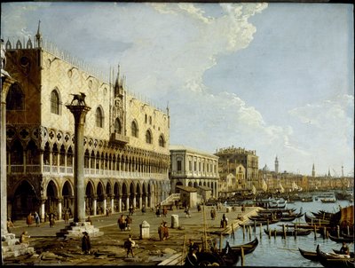 Benátky: pohled na Dóžecí palác a Riva degli Schiavoni z Piazzetta, kolem roku 1729 (olej na měděném panelu) od Canaletto