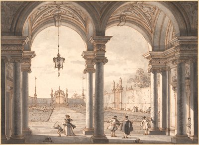 ""Pohled na barokní kolonádu s výhledem do zahrady"" (Pohled přes barokní kolonádu do zahrady) Perokresba Antonia Canal dit Canaletto (1697-1768) 1760-1768 Rozměr 33,1x45,4 cm Albertina, Vídeň od Canaletto
