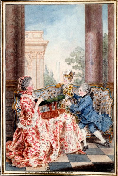 La belle Madame Caze, manželka generála farmáře a její děti Akvarel od Louise Carrogise (1717-1806) dit Carmontelle. Slunce 18. století. 0,32x0,21 m Chantilly, musee conde od Carmontelle