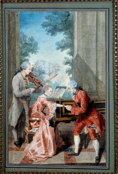 Mademoiselle Delou, Monsieur Philippe a Monsieur de Texier Gentleman vzdává hold mladému pianistovi. Akvarel Louis Carrogis, dit Carmontelle (1717-1806) Paříž 18. století, Musee Carnavalet - Mademoiselle Delou, Monsieur Philippe a Monsieur d od Carmontelle
