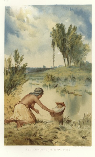 Spuštění pohřební kánoe na vodu (barevná litografie) od (after) American School