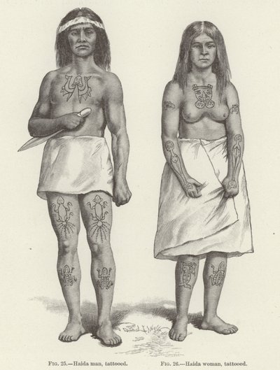 Tetovaná žena a muž Haida (rytina) od (after) American School