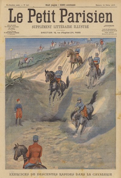 Francouzská kavalérie cvičí rychlé strmé sjezdy na koni (barva litho) od (after) Carrey