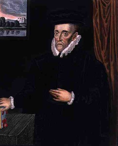 Portrét sira Waltera Mildmaye (1520?-1589), zakladatele Emmanuel College, Cambridge, z „Dějiny Cambridge“, vydané R. Ackermannem od (after) English School