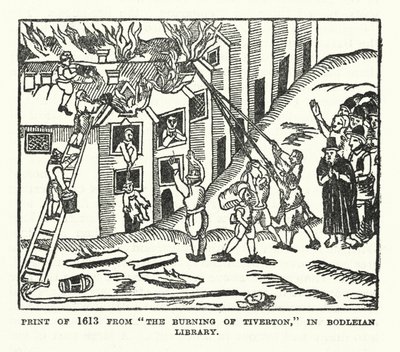 Tisk z roku 1613 z knihy "The Burning of Tiverton" v Bodleian Library (litografie) od (after) English School