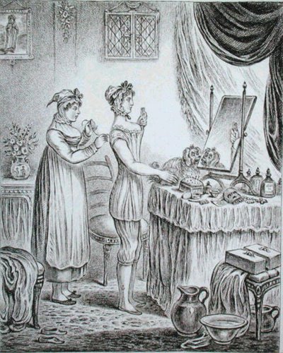 Progress of the Toilet: the Stays, leptané Jamesem Gillrayem (1757-1815), publikovala Hannah Humphrey v roce 1810 (lept) od (after) English School