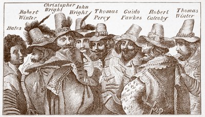 The Gunpowder Plot Conspirators, po rytině z roku 1606 (rytina) od (after) English School