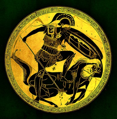 Válečník a kentaur, ilustrace z „Greek Vase Paintings“ od J. E. Harrisona a D. S. MacColl, publikovaná v roce 1894 (digitálně vylepšený obrázek) od (after) English School