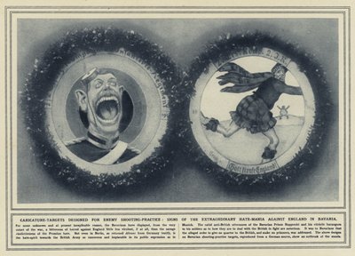 Karikaturní terče určené pro nepřátelskou střelbu, známky mimořádné nenávistné mánie proti Anglii v Bavorsku (č/b foto) od (after) English photographer
