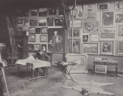 Francouzský malíř Alfred Philippe Roll ve svém ateliéru (č/b foto) od (after) French Photographer