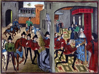 Karel Veliký přijímá na dvoře 4 Aymonovy syny a pasuje je na rytíře – po miniaturě Huona de Villeneuvea ze 13. století od (after) French School