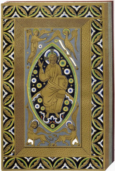 Kristus v Mandorle se symboly 4 evangelistů (Tetramorf). Litografie reprodukující emailovou vazbu ze 13. století. od (after) French School