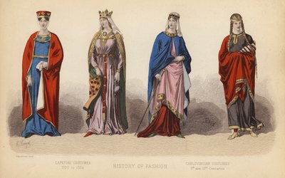 Móda ve Francii: (barevná rytina): Kapetovské kostýmy 1100 až 1364; karlovské kostýmy 9. a 10. století (barevná rytina) od (after) French School
