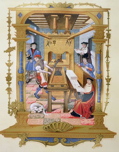 Interiér tiskárny ze 16. století, kopie miniatury z „Chants royaux sur la Conception Couronnee du Puy de Rouen“ (barevné lito) od (after) French School