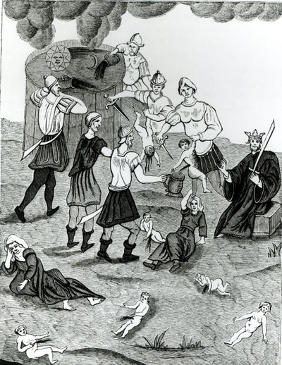 Židé odebírají krev křesťanským dětem pro své mystické obřady, podle kresby v "Knize kabaly Žida Abrahama" (litografie) (čb foto) od (after) French School