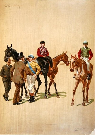 Žokejové na dostihovém závodišti, cca 1875 (barevné lito) od (after) French School