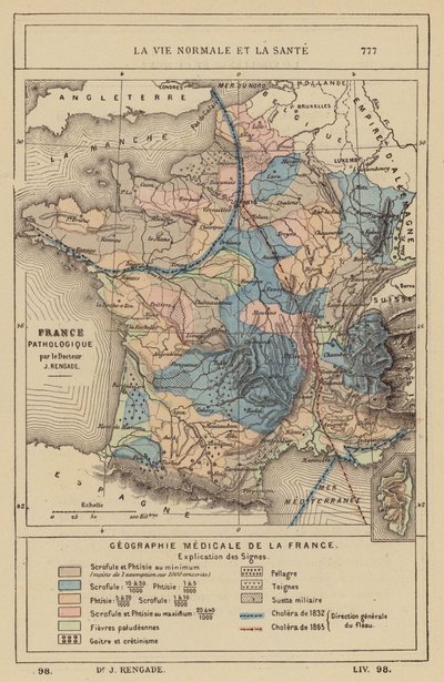 Lékařská geografie Francie (kolorovaná rytina) od (after) French School
