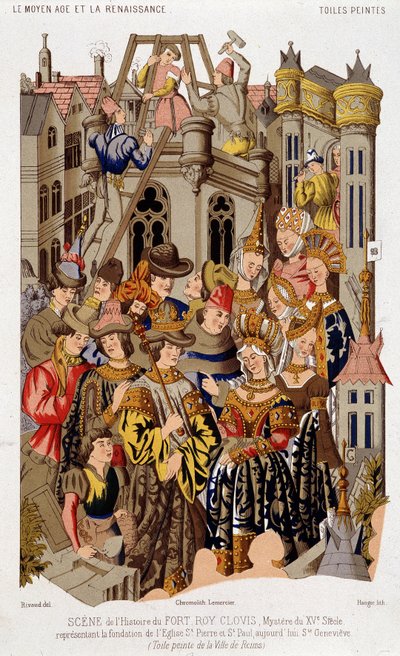 Scéna z historie Fort Roy de Clovis. Mystérium 15. století představující základ kostela sv. Petra a Pavla, dnes svatá Genevieve. (z) Malované plátno města Remeš. od (after) French School