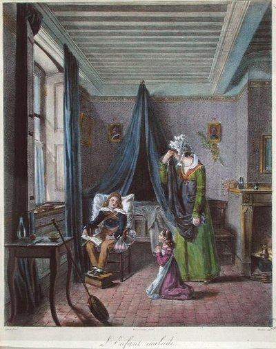 Nemocné dítě, kolem roku 1820 (barevné lito) od (after) Genot