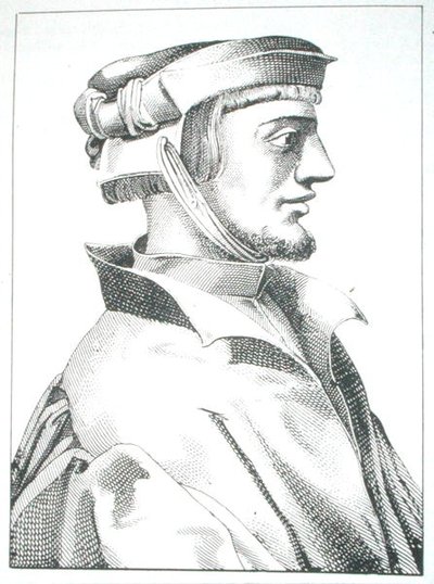 Agrippa von Nettesheim (1486-1535) kopie ilustrace z „Das Kloster“ díl II od J Scheible, Stuttgart 1845, použitá v „Historie magie“, vydané koncem 19. století (rytina) od (after) German School