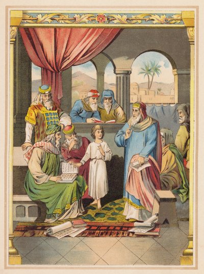 Ježíš se staršími v chrámu (barevná litografie) od (after) German School