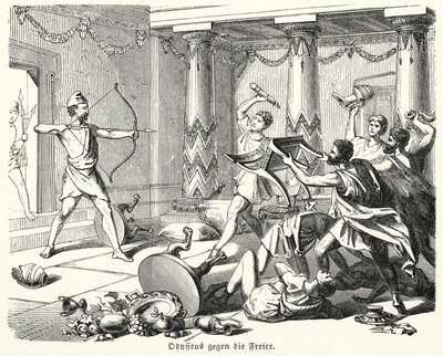 Odysseus zabíjí nápadníky Penelopy (rytina) od (after) German School
