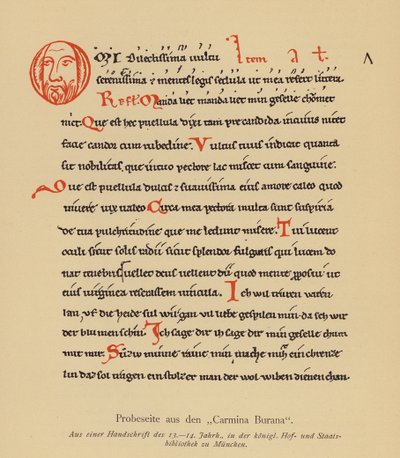 Stránka z Carminy Burany (barevná litografie) od (after) German School