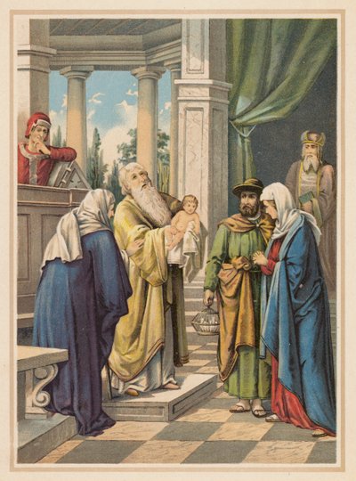 Prezentace v chrámu (barevná litografie) od (after) German School