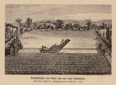 Parní orba s trakčním motorem a kotvou (litografie) od (after) German School