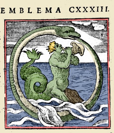 Triton a ouroboros, ilustrace „Emblems“ (Embles of the booklet) od Andrea Alciati (barva litho) od (after) Italian School