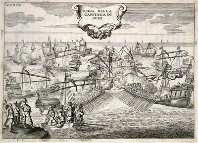 Galeony a Galeasses bojují: zajetí kapitána ostrova Chios, ilustrace z „Hodnoty Toskánska v nejvýznamnějších podnicích Cavalieri di Santo Stefano“ od Fulvia Fontany, vyryto H. Vincentem od (after) Italian School